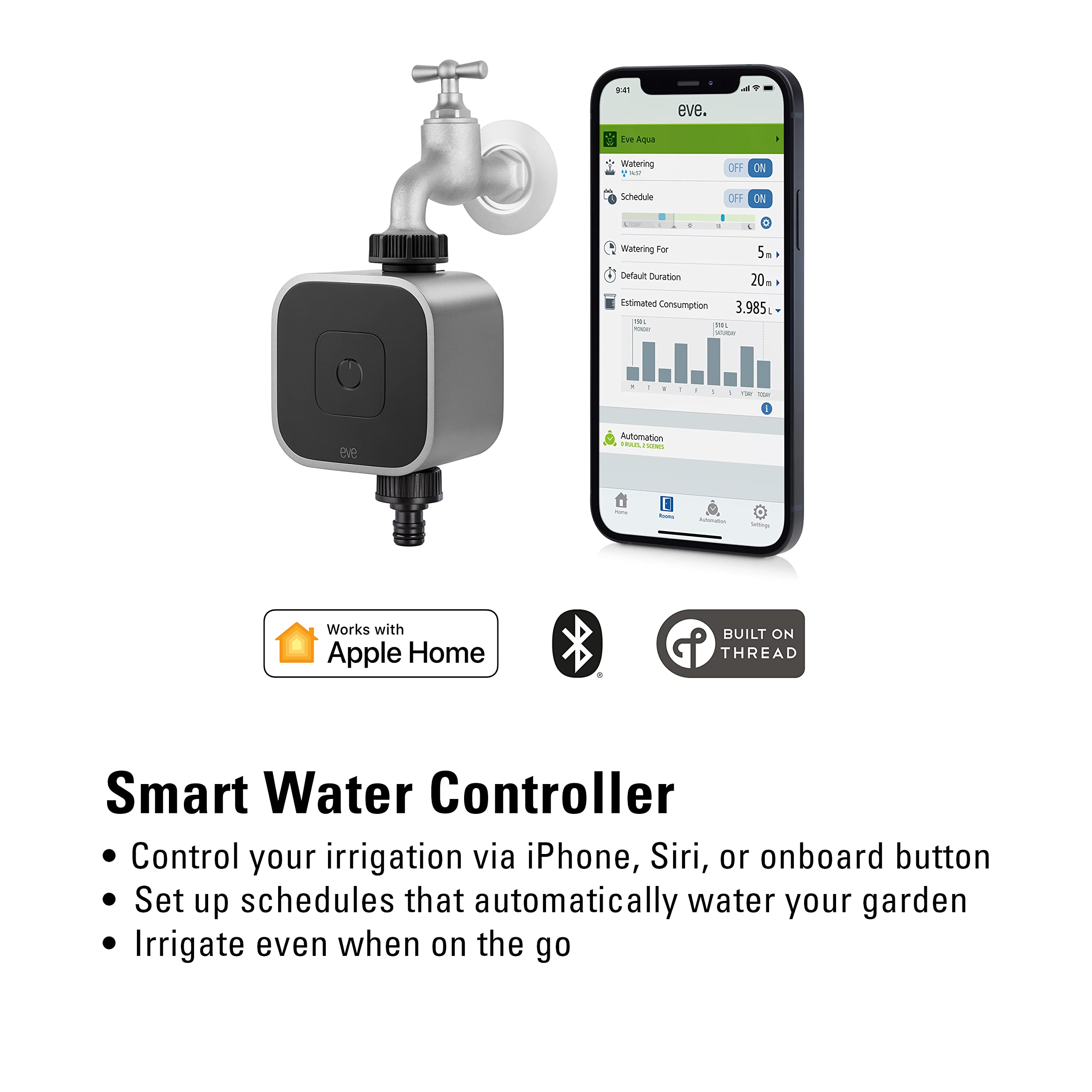 Aqua – Smart water controller for Apple Home app or Siri, irrigate automatically with schedules, easy to use, remote access, no bridge, Bluetooth, Thread, HomeKit, Silver (20ECC8101)